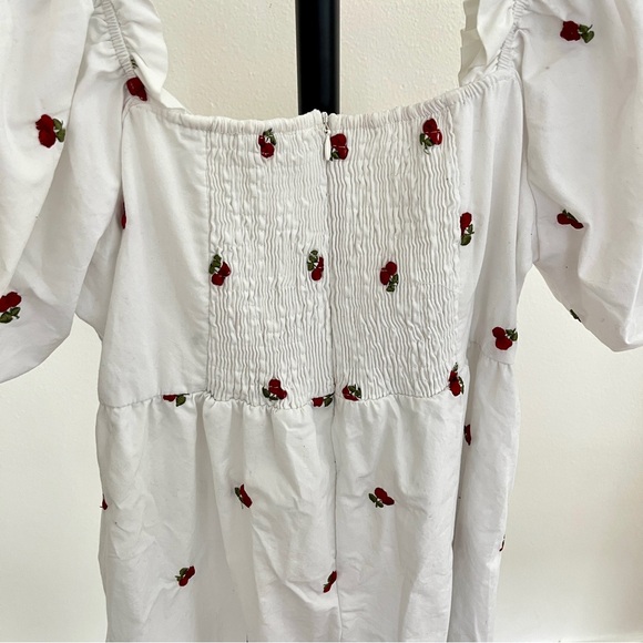 Altar'd State Cherry Embroidery White Mini Puff Sleeves Babydoll Dress - Picture 9 of 9